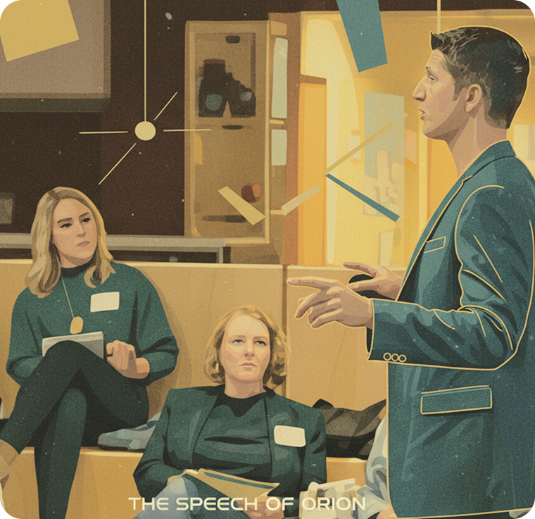 Stylized illustration of Steward president John Hooley speaking to attendees